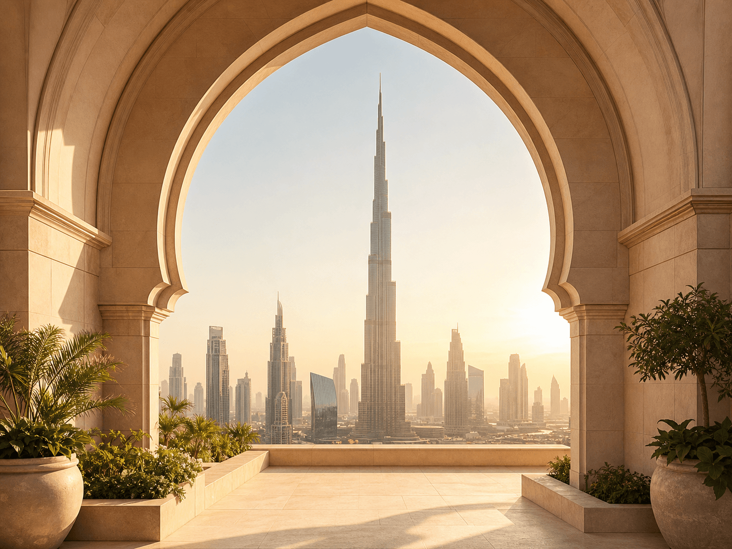 Burj Khalifa and Dubai skyline framed by a warm stone arch